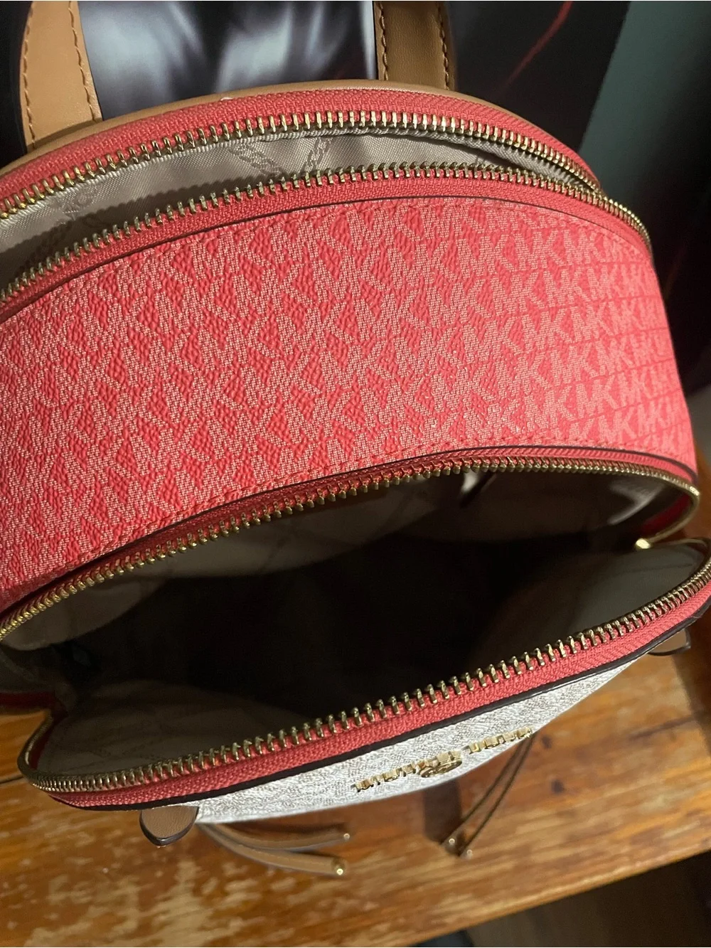 Michael Kors Cream, Red and Brown Signature Logo Backpack